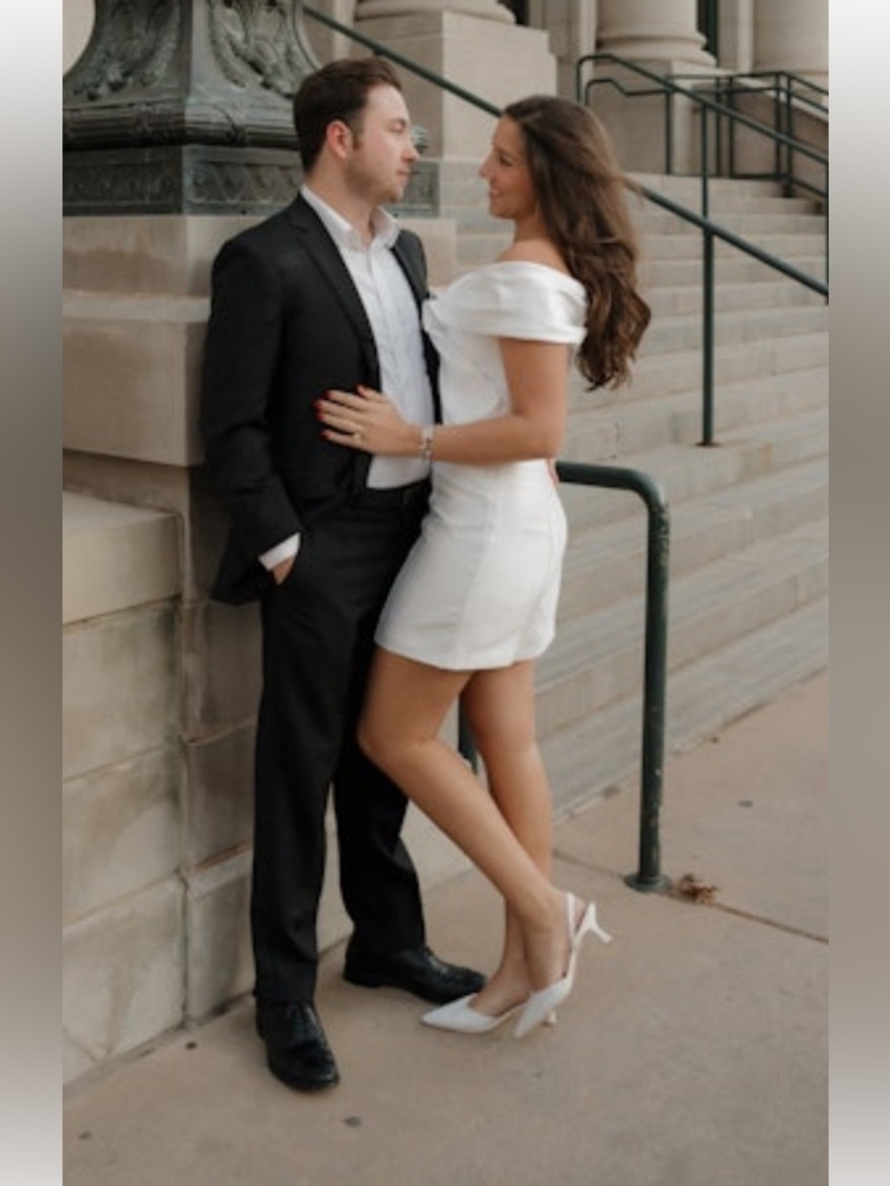Off-Shoulder White Satin Mini Dress - Picture 7 of 16